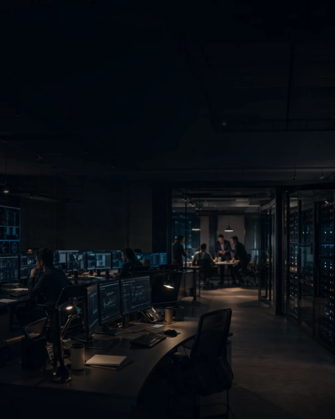 Executive-level visual showing a calm operational team under cyber pressure in a real-world incident setting, representing an additional containment layer that helps preserve control and continuity.